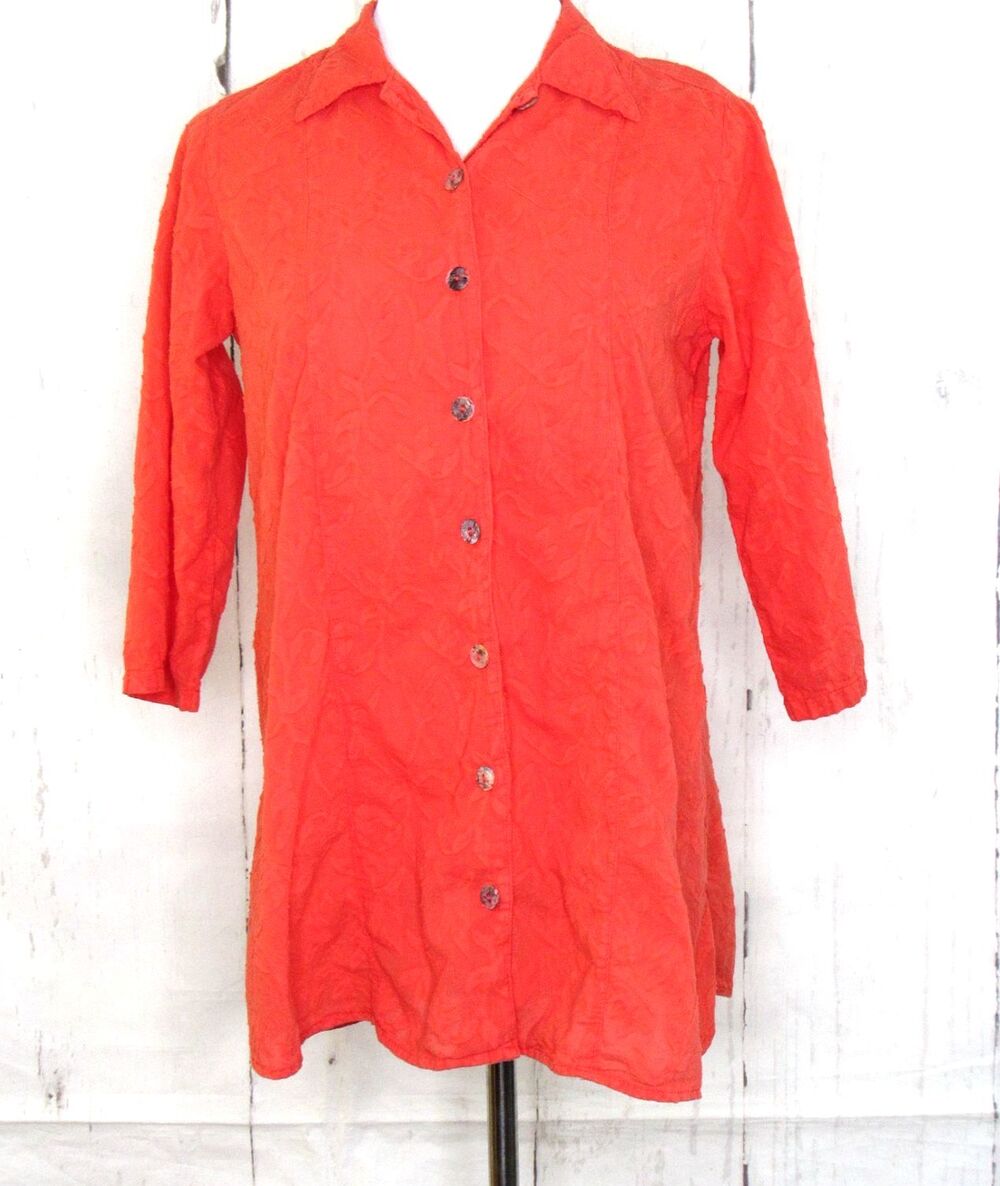 CMC Color Me Cotton Button Up Blouse 3/4 Sleeve Orange Textured Leaf Size S